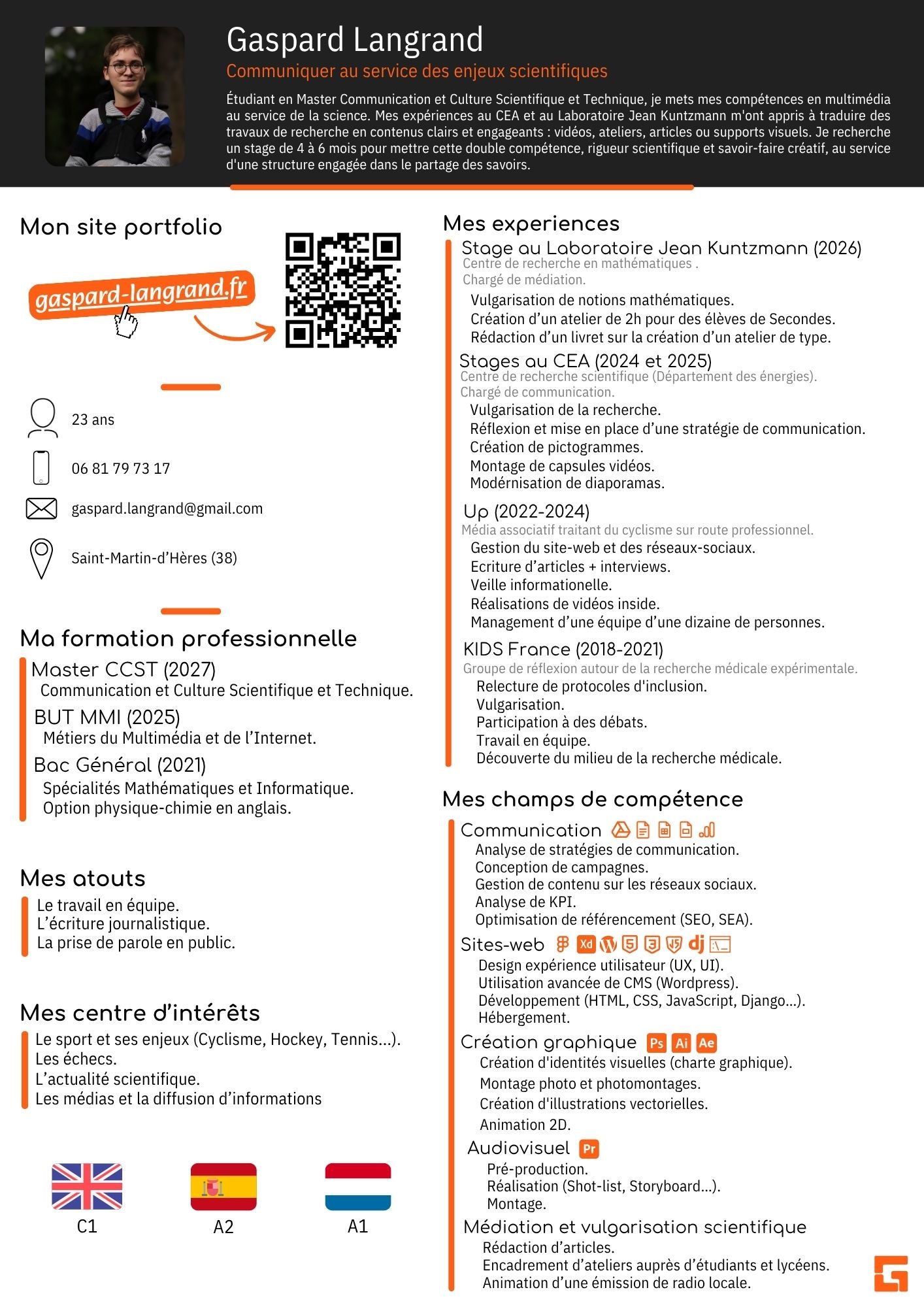 CV de Gaspard Langrand, étudiant en Master Communication et Culture Scientifique